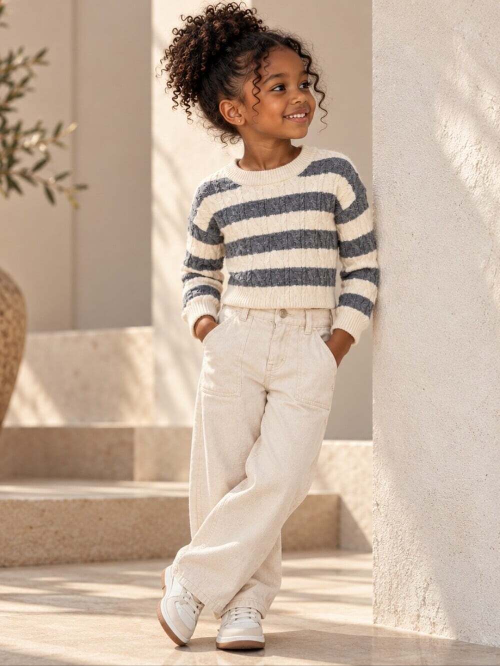 Zara Kids Girls Cable Knit Striped Sweater Cream Gray Size 6-7 Coastal